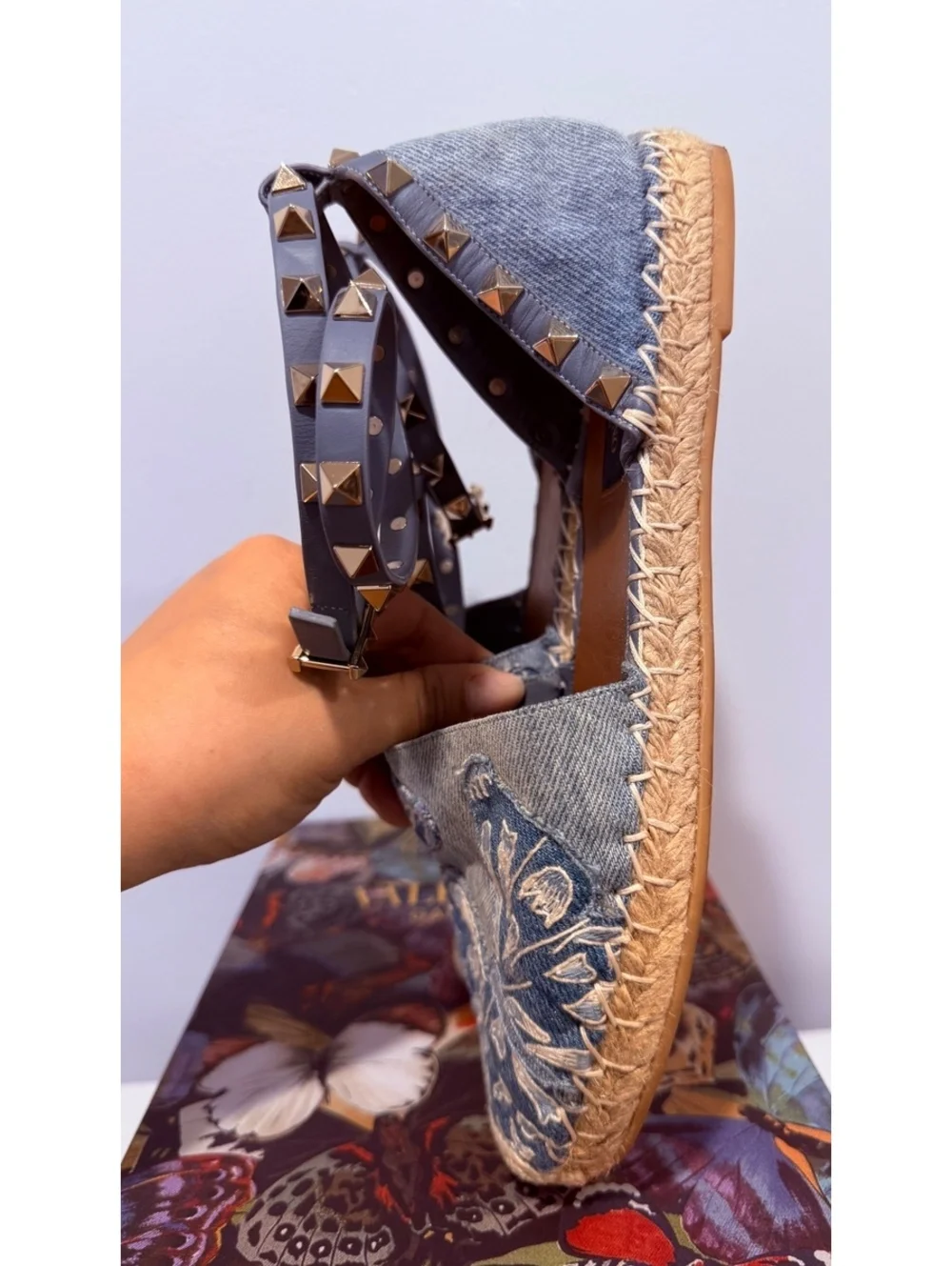 Valentino Denim Butterfly Embroidered Espadrille Flats with Rockstud Ankle Strap